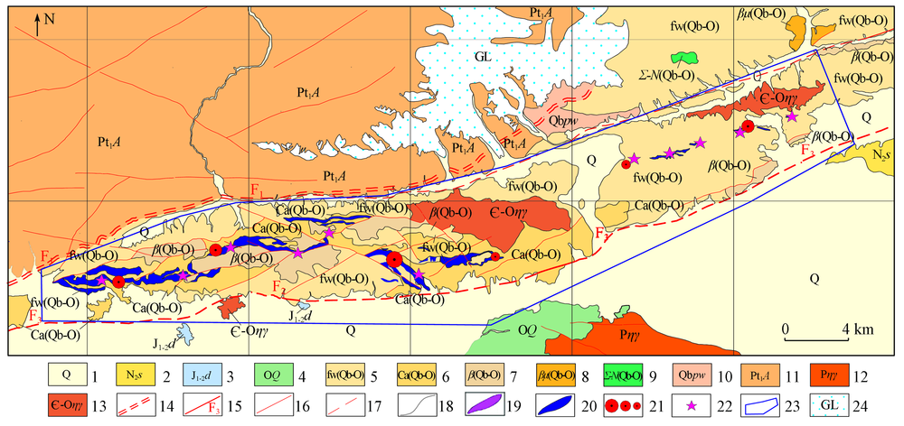 8   迪木那里克铁矿带磁铁矿赋矿目的层分布解译  1.第四系; 2.